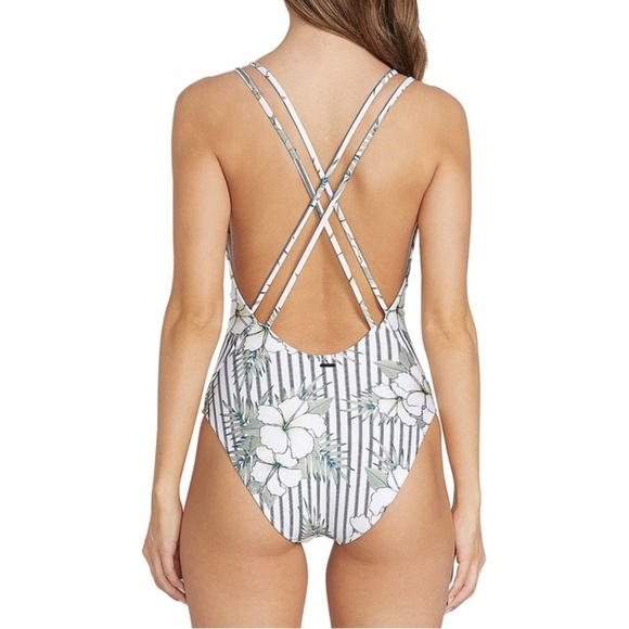 NEW Volcom So Tropical Hibiscus Floral Striped Plunging Neck One Piece Swimsuit - Picture 2 of 4